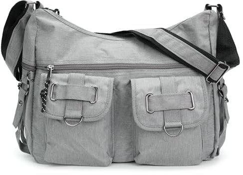 irisaa Damen Schultertasche, Canvas Multifunkionale Umhängetasche, Casual Handtasche mit vielen fächern Unisex, DKB Farbe:Hell Grau