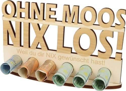 XL Geldgeschenk aus Holz mit Lasergravur|Geschenkidee|Gutscheinverpackung|witziges Geschenk|Geldgeschenk für Frauen und Männer (Ohne Moos nix los!)
