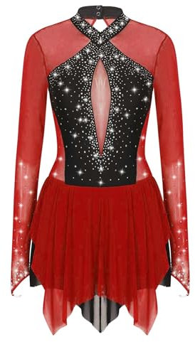 iEFiEL Glitzer Eiskunstlauf Kleid Damen Langarm Kürkleid Strasssteine Rollkunstlaufkleid Leotard Tanzanzug Wettbewerb Tanzkostüm Xb Burgundy M