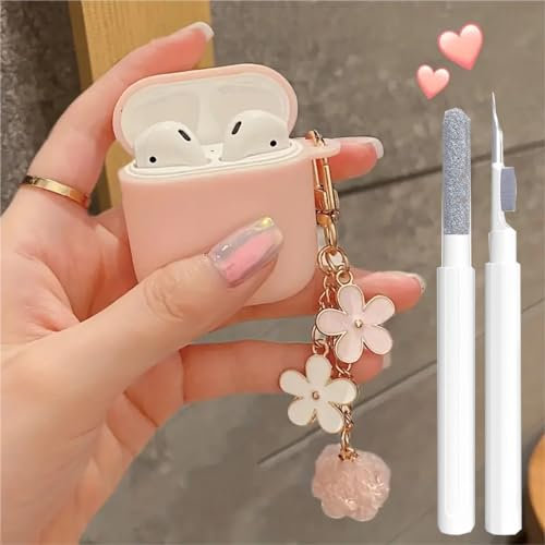 Cute Case for Airpods 2nd/1st Generation Cover for Girl Women with Pom pom Flower Keychain & Cleaner Kit, Soft Silicone Airpods iPod 2nd/1st Gen Protective Cover Skin for Airpods 2/1 Gen, Pink