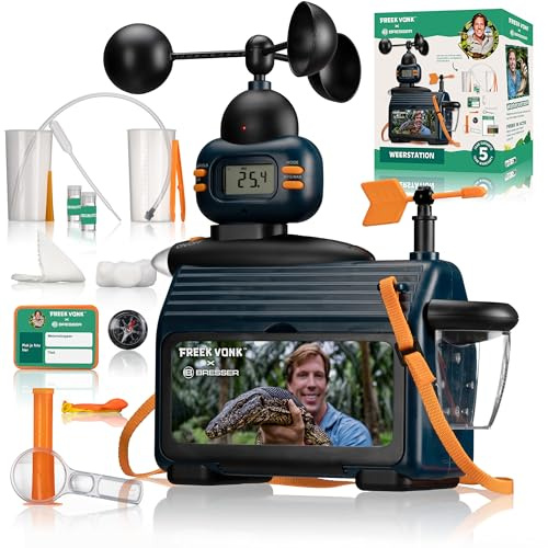 Freek Vonk x Bresser Kinder Wetterstation mit Windmesser und Regenmesser | Temperatur, Windgeschwindigkeit, Windrichtung, Niederschlag, LCD Display, Experimente als Download, Trageriemen