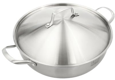 SuhoFutus 32 CM Stainless Steel Pans, Wok Pan with Lid, Frying Pan with Non-Stick Coating, Includes 1 Steaming Rack, Suitable for Induction Cookers, Gas Stoves, etc, Silver