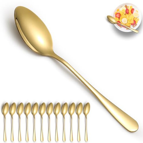 ReaNea Cucharas de cena de oro 12 piezas, cuchara de mesa chapada en oro de titanio y acero inoxidable, cucharas de sopa para el hogar, restaurante, boda, fiestas, eventos