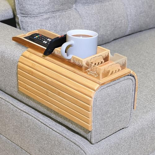 Bamboo Couch Cup Holder Tray – Non-Slip & Foldable Sofa Arm Table & Side Table for Living Room | Home Goods, Couch Accessories, Couch Console Tray