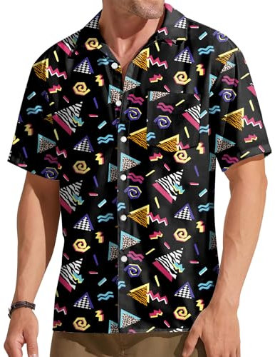 hohololo 80s Vintage Shirt for Men 70s Disco Top Party Costume Men's Retro Classic Hawaii Shirts (Multicoloured-a,L)
