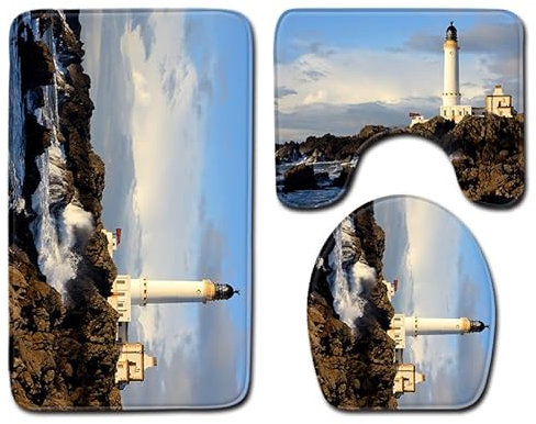 Bad Teppiche Set 3-Teiliges Blauer Leuchtturm WC Vorleger Mit Ausschnitt Badematte Saugfähig WC Deckelbezug Badvorleger rutschfest Waschbar Toilettensitzbezug Badgarnitur (50x80cm)