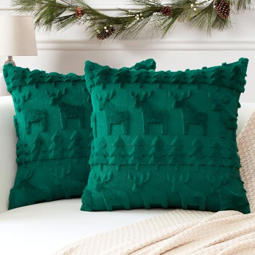 Artscope 2er Set Wolle Kissenbezüge Weicher Plüsch Kurzer Wollsamt Dekokissenbezuge Sofakissen Europäische Kissenhülle für Sofa Schlafzimmer Weihnachtsbaum und Elch Grün, 40x40cm