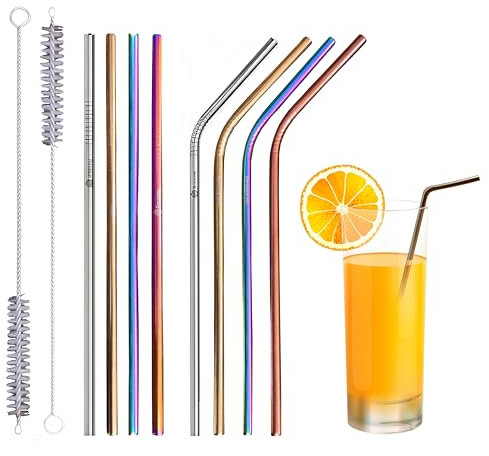 Set of 10 Reusable Metal Straws Drinking, 216mm Eco-Friendly Stainless Steel Drinking Straws for Cocktail, Milkshake, Cold/Hot Drinks (4 Straight + 4 Bent + 2 Cleaners) BPA Free (Multicolor)