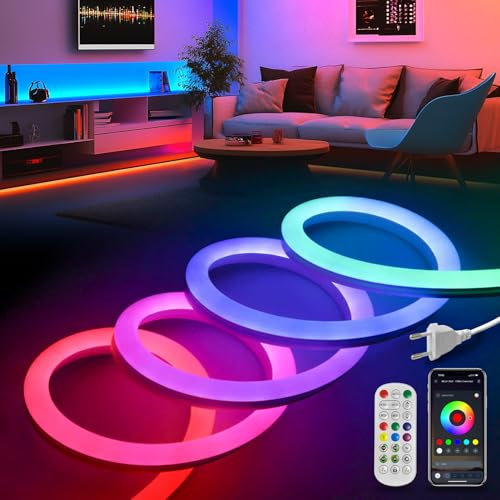 KSIBNW Neon Ruban LED 2m, RGBIC Exterieur Bande avec Télécommande & APP IP65 Étanche Flexible Lumière Décorative Multicolore Synchronisation de la Musique Bandeau Lumineuse Découpable Mode Minuterie