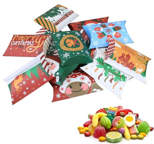 Weihnachten Klein Geschenkschachtel,Kissen Form Süßigkeiten Box,Leer Papier Faltschachtel 24PC Weihnachten Geschenkbox Weihnachtsdeko für Geschenk Schmuck Süßigkeit Weihnachte Geschenk