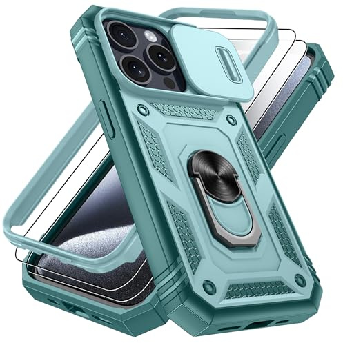 Pilaru 3 in 1 for iPhone 15 Pro Case with Front Frame |2 Separate Screen Protector| Kickstand Ring & Camera Cover Military Grade Drop Shockproof Protection for iPhone 15 Pro Phone,Green