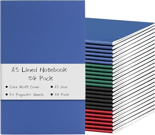 Xaztr 24 Pack Kraft Notebooks Bulk, A5 Lined Paper Notebook Travel Journal, College Ruled Notebook Journaling Subject Notebook for Work School Office Supplies, 80 Pages, 5.5 x 8.3, 4 Colors