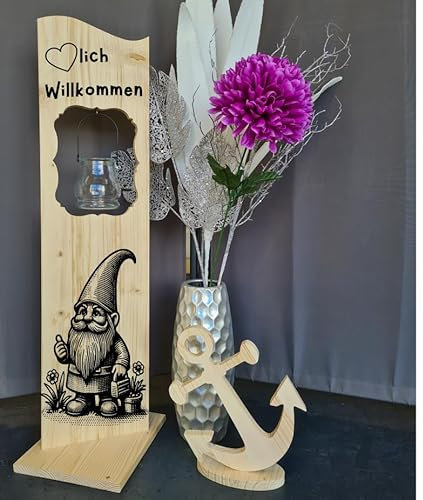 Holzaufsteller, Holz Deko Schild Holzschild Eingangsschild Zwerg mit Windlicht aus Glas, Geschenk, Weihnachten, Geburtstag