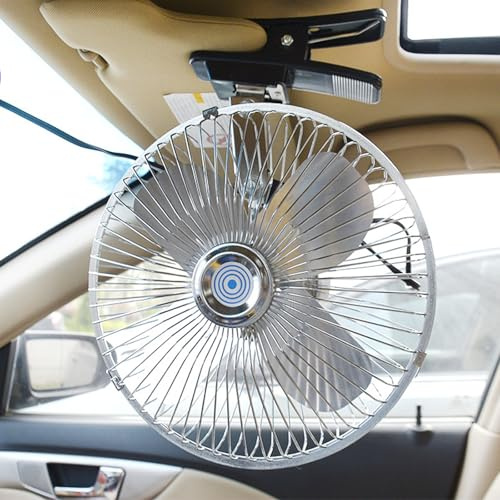 CYDZSW Car 12v Clip Fan,12 Volt DC 8 inch Large 360° Adjustment Metal Fans with Cigarette Lighter,90° Rotation Oscillating Clamp on Cooling Fan for Golf Cart,RV and Vehicles (8inch)