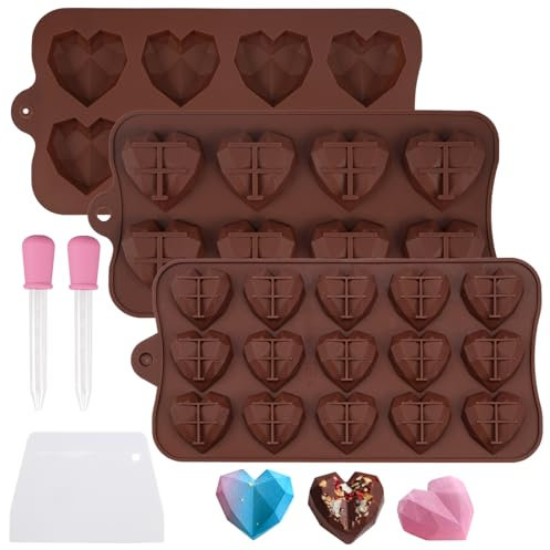 Lot de 3 Moule en Silicone en Forme de Cœur 8 Cavités et 15 Cavités Antiadhésif Réutilisables Avec Goutte et Raclette, Lavable au Lave-Vaisselle, Qualité Alimentaire pour Chocolat Gelée Saint-Valentin
