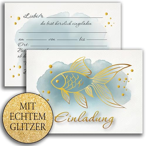 10 Einladungskarten mit Umschlag Glitzer Einladung 2 seitig Karten stilvoller Fisch Aquarell in Blau Gold zart zur Taufe Kommunion Firmung Konfirmation Silber zum selbst ausfüllen