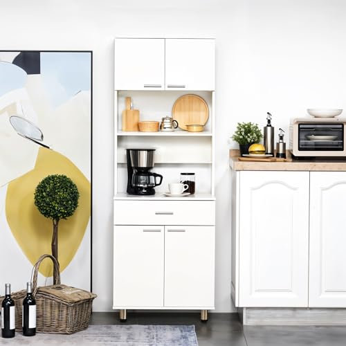 Warmiehomy White 180cm Tall Kitchen Cupboard Storage Unit, Modern Kitchen Sideboard Cabinet Pantry Cupboard for Dining Room Living Room, 60CM x 40CM x 180CM
