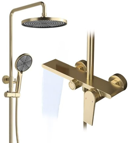 MayCon TIFO - Colonne de Douche Mural Doré brossé - Mitigeur en Laiton Massif - Barre de douche en Acier Inoxydable - Pommeau de Douche Rond ES-202-BG