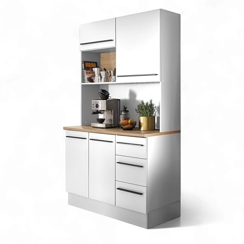 Stella Trading Denver Buffetschrank in Weiß, Mauvella Eiche Optik - Geräumiger Küchenschrank mit Arbeitsplatte - 120 x 211 x 60 cm (B/H/T)