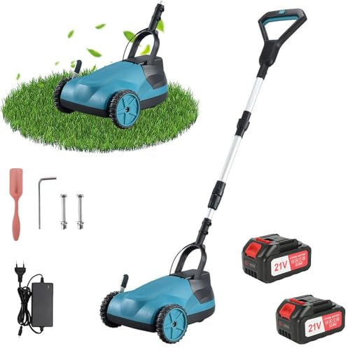 Tosaerba a batteria 21 cm, con batteria e caricabatterie, 3 altezze di taglio regolabili, per prati fino a 50 m², con funzione di pacciamatura, ideale per piccoli giardini (con 2 batterie)