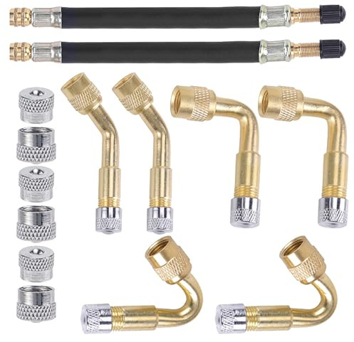 Reifen Ventil Verlängerung Set Autoventil Kupfer 45 90 135 Grad | mit 2 Stück 180mm Flexible Gummi Reifen Ventilverlängerung Ventiladapter für Auto Motorrad Fahrrad