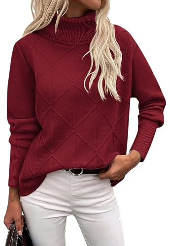 Zeagoo Women's Turtle Neck Jumpers Elegant Knitted Sweaters Roll Neck Pullover Long Sleeve Tops Casual Loose Sweatshirts Fall Winter Burgundy L