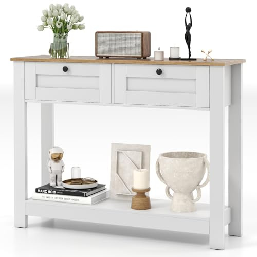 DREAMADE Table Console avec 2 Tiroirs, Étagère de Rangement Ouverte, Table d'Entrée Étroite avec Sécurité Anti-Basculement pour Salon, Couloir, Entrée, 106 X 30 X 81,5 CM