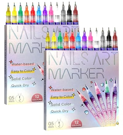 Nail Art Pens Set, 12 Colours Fine Tip Nail Art Markers 0.5mm, Quick Dry Nail Painting & Dotting Pens for DIY Nail Design, Home & Salon Use (2 Set)