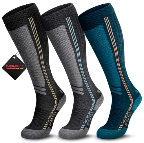 OutdoorMaster Thermolite Skisocken aus Merinowolle, Kompressionssocken | Leichte, Kompressionsstarke Thermosocken für Damen und Herren, Socken für Kaltes Wetter, Rutschfester Bund bis über die Wade