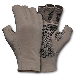 First Lite Rugged Wool Half Finger Glove - Merino Wool Hunting Gloves with Silicone Grip Palm for Shooting Dexterity, Walnut, Medium