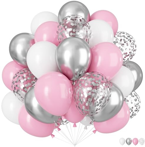 Palloncini rosa, bianco, argento, 60 pezzi, con elio, rosa, bianco, argento metallizzato, palloncini in lattice, colore rosa, bianco, argento, per feste di compleanno, anniversario, matrimonio