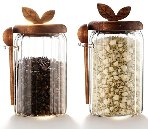 2 pièces de bocaux de conservation, 800 ml avec couvercle, boîtes de conservation en verre avec cuillère en bois, récipients de stockage avec design nervuré, boîte de conservation hermétique pour café