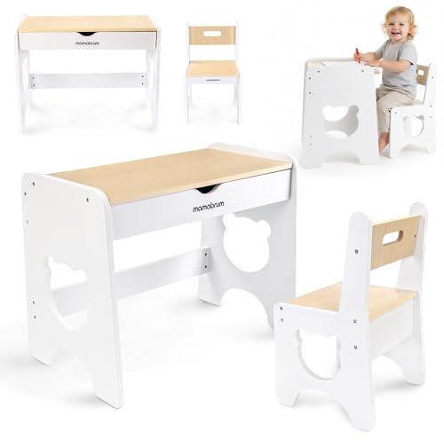 mamabrum Kinder Tisch und Stuhl Set aus Holz mit Schublade, Weißer Kindertisch mit Stuhl im Bären-Design, Kinder Möbel Set zum Spielen, Malen und Lernen für Kinderzimmer