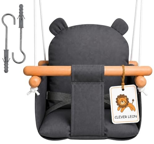 Clever Leon Babyschaukel Indoor aus Holz und Baumwolle mit Sicherheitsgurt | für Baby und Kleinkind, 100% Baumwolle und Buchenholz, mit Sicherheitsgurt, höhenverstellbar, bis 30 kg, Bär-Design