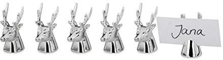 Tischkartenhalter-Garnitur 6-teilig, Rentier-/Hirsch-Kopf inklusive 6 Namenskarten, versilbert, Kopf-H: 4,0cm, D-Boden 1,8cm, Gesamt-D 2,5 cm