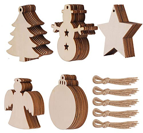 KSPOWWIN 50PCS Blank Wood Slices with Holes for DIY Christmas Ornaments Hanging Decorations, Unfinished Wooden Christmas Cutouts Ornaments