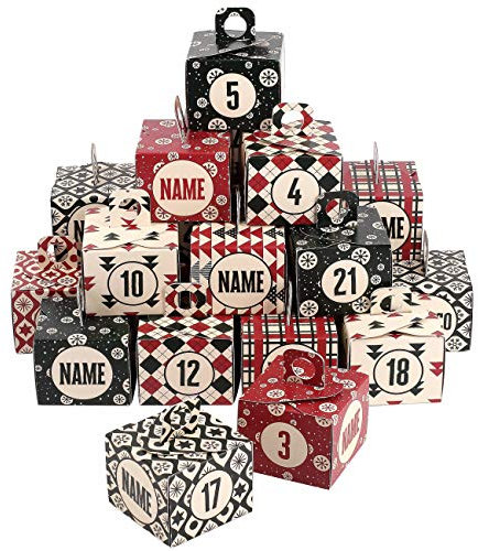 Herz & Heim® Kisten Adventskalender zum Befüllen DIY aus 24 Schachteln - Boxen im nordischen Design mit Namen personalisiert Kisten Set