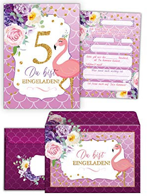 JuNa-Experten 12 Einladungskarten incl. 12 Umschläge zum 5. Kindergeburtstag Mädchen Flamingo Einladungen zum fünften Geburtstag
