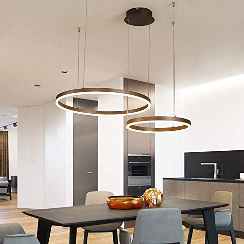 LED Pendelleuchte Esstischlampe Dimmba Metall ring Hängeleuchte Wohnzimmerlampe mit Fernbedienung Pendellamp Höhenverstellbar Kronleuchter Esszimmer Hängelampe Küchen Acryl Deckenleuchte,Braun,2 rings