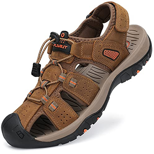 FLARUT Men's Sport Sandals Outdoor Hiking Sandals Closed Toe Leather Athletic Lightweight Trail Walking Casual Sandals Water Shoes (C-Brown,42)