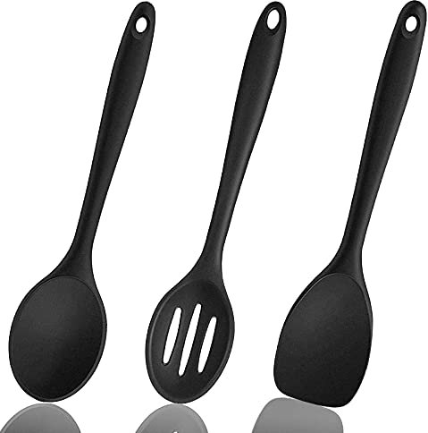 TOFFCAEA Lot de 3 Cuillères à Mélanger en Silicone, Spatules de Cuisine, 500 ℉ Anti-Adhésives, Avec Fente (Noir)
