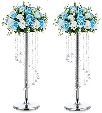 Nuptio Centrotavola Matrimonio Vasi D'argento: 2 Pezzi 70cm Altezza Vaso Fiori Cristallo Fiori Metallo Stand per Decorazioni Tavoli Festa Eleganti per Matrimoni Sfusi Centrotavola Lampadari Tavolo