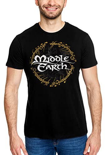 Elbenwald Herr der Ringe T-Shirt Mittelerde und Ring Motiv Frontprint Baumwolle Herren Damen schwarz - XXL