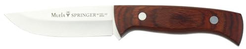 Cuchillo Enterizo Modelo SPRINGER-11R, cachas de Madera prensada en Color Coral, Hoja de Acero nitro-42 de 11 cm. Incluye Funda de Cuero en Color marrón + Tarjeta Multiusos de Regalo.