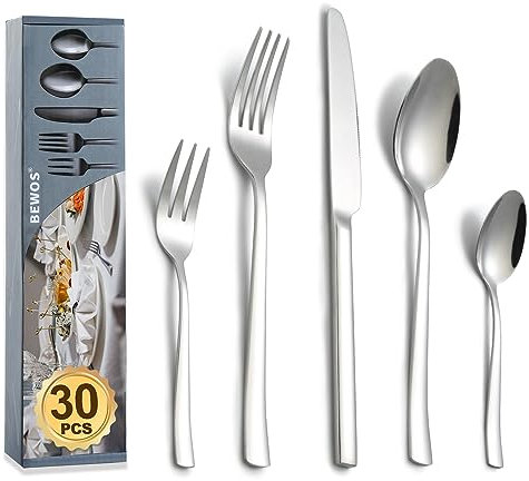 BEWOS Couverts pour 6 personnes, Ensemble d'argenterie en acier inoxydable 30 pièces, Ensemble de couverts en argent comprenant des couteaux, des fourchettes et des cuillères, poli miroir