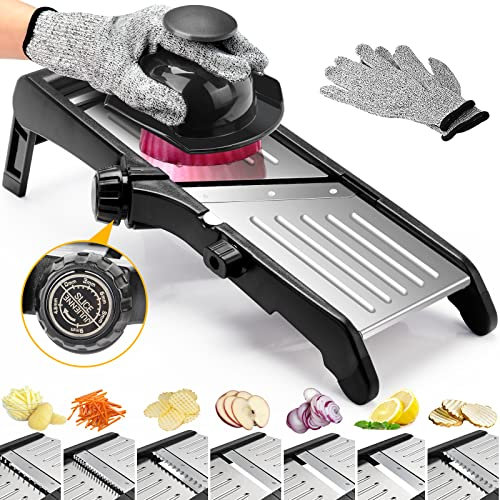 Mandolina rebanadora de alimentos para cocina, mandolina ajustable de acero inoxidable, cortador de alimentos, cebolla, patatas fritas, hoja ajustable 7 en 1, incluye 1 par de guantes resistentes a