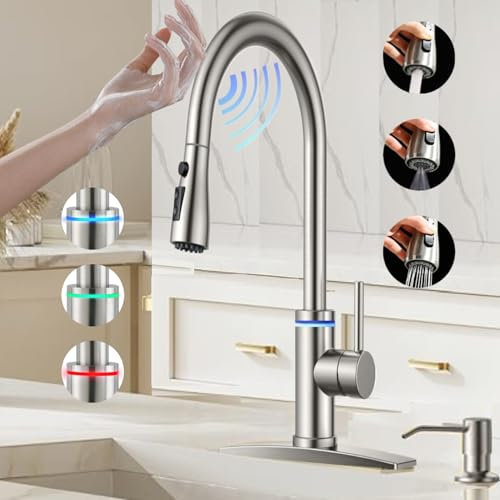VIDEC Robinet de cuisine tactile, pulvérisateur à 3 modes, capteur tactile intelligent activé, contrôle de la température LED, rotation à 360 degrés, plaque de pont à 1 ou 3 trous. (KW-70SN, toucher