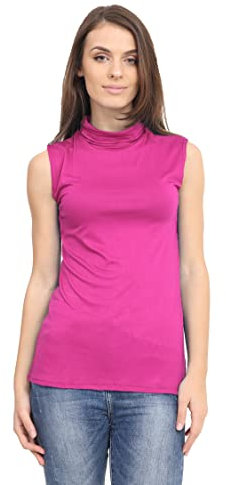 GirlzWalk® Women's Stretchy Polo Turtle Neck T-Shirt - Ladies Sleeveless Casual Formal Wear Top Vest (Fuchsia, 24-26)
