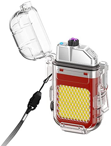 Lighters Arc Lighter wiht Flashlight Rechargealbe Windproof Waterproof Flameless Transparent Double USB Lighter Good for Cigarette Outdoor Camping Hiking (Red)