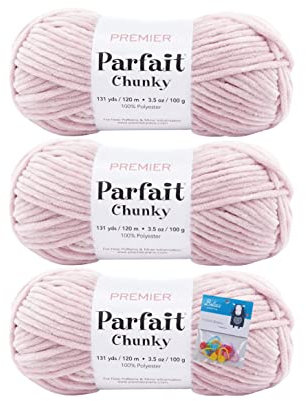Premier Yarns Parfait Chunky Chenille Yarn 3.5 Oz 6 Super Bulky Weight 3 Pack Bundle with Bella's Crafts Stitch Markers (Rose)